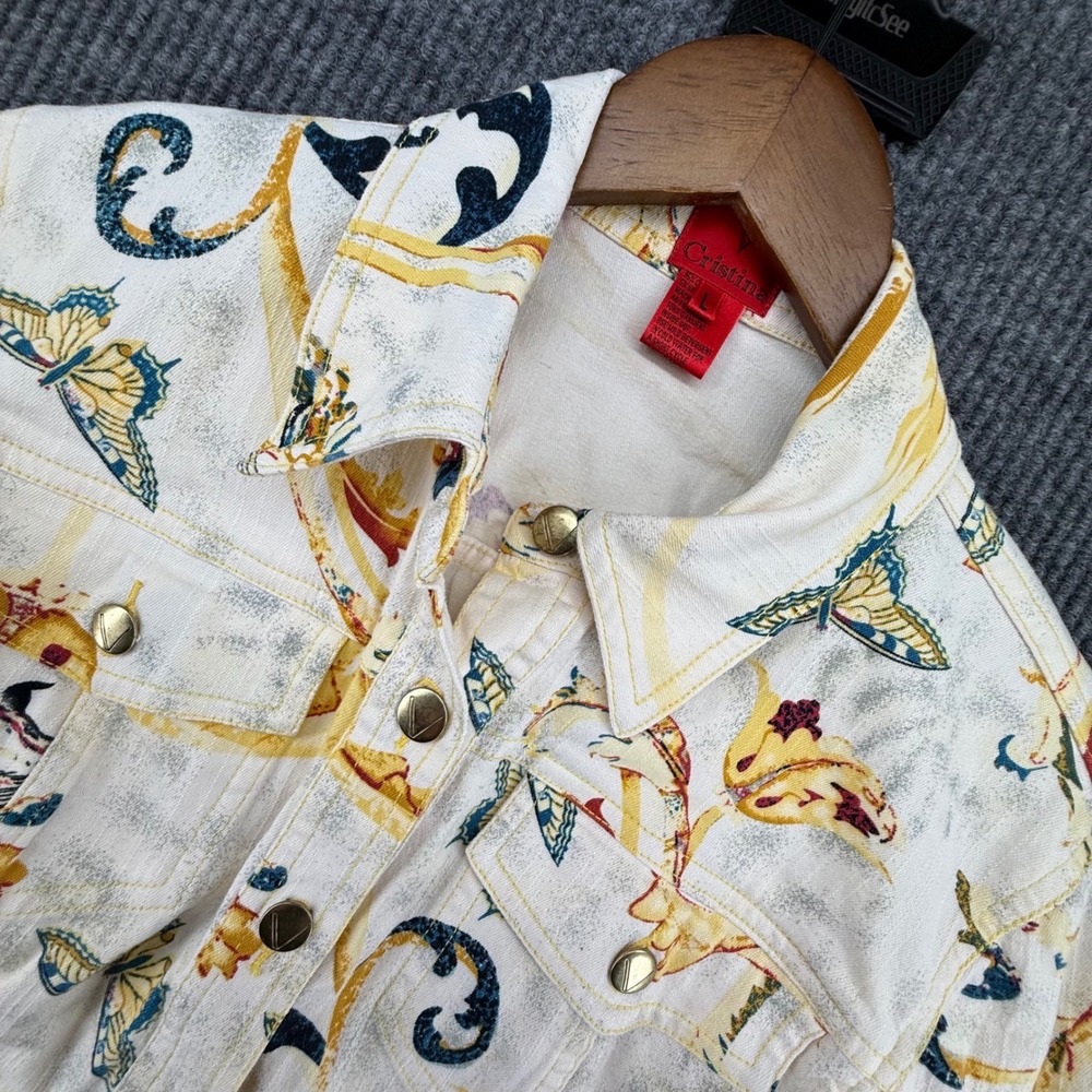 Vintage Cristina Denim Jacket Womens Large White Butterfly Print Excellent
